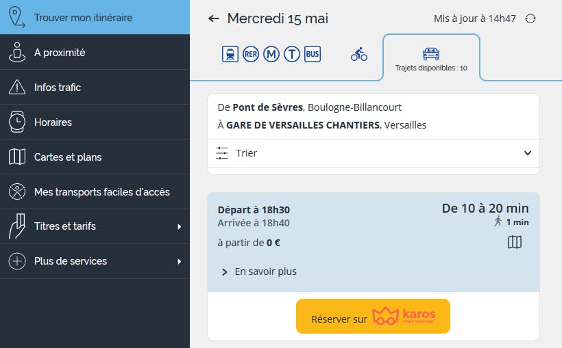 Etape 2 : Cliquez sur l’onglet « covoiturage » et sélectionnez votre trajet