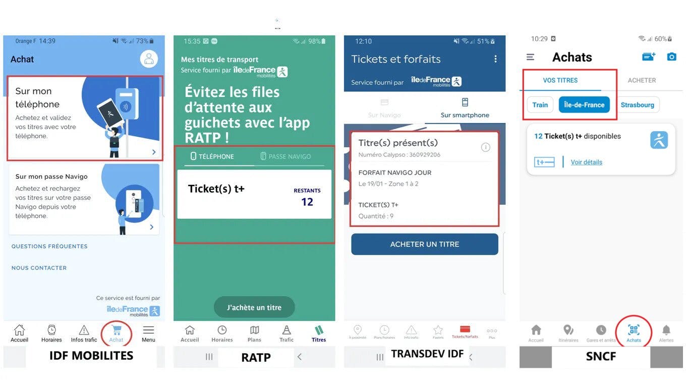 Capture d’écran de la page d’accueil du service Achat sur les différentes applications mobile : IDF Mobilités, RATP, Transdev IDF, SNCF