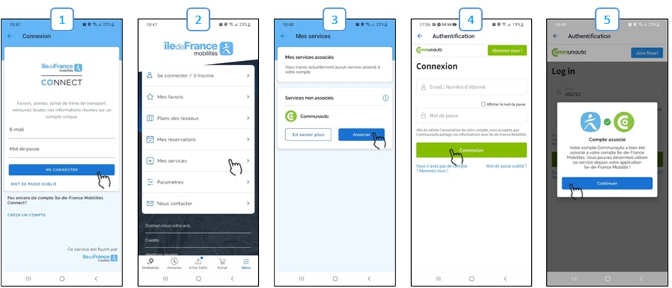 Présentation des étapes d'association du compte Communauto sur l'application IDF Mobilités.