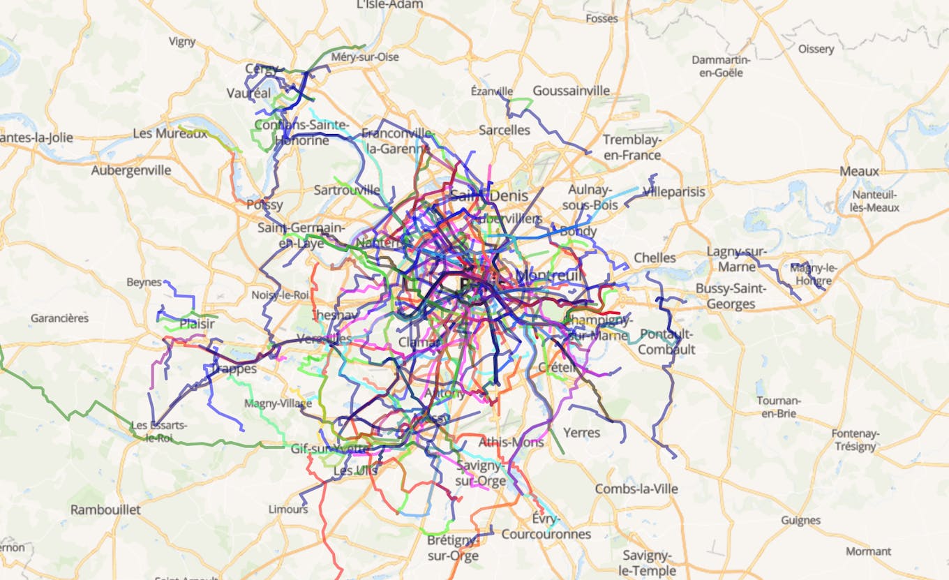 Carte des trajets Covélotaf en Île-de-France