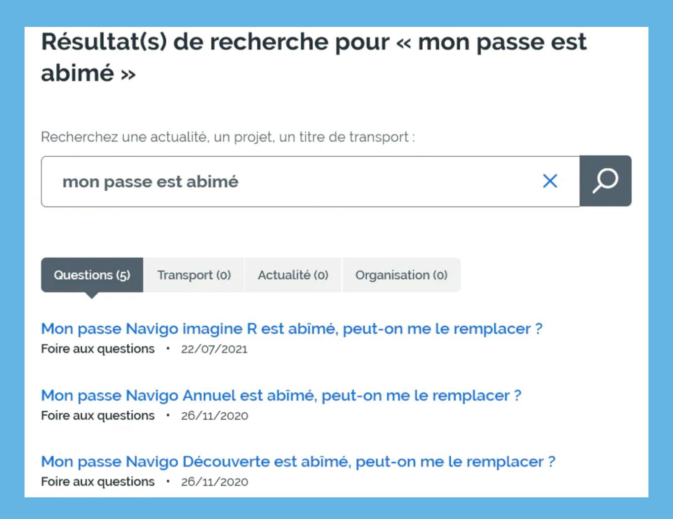 Capture d'écran du moteur de recherche interne du site d'Île-de-France Mobilités