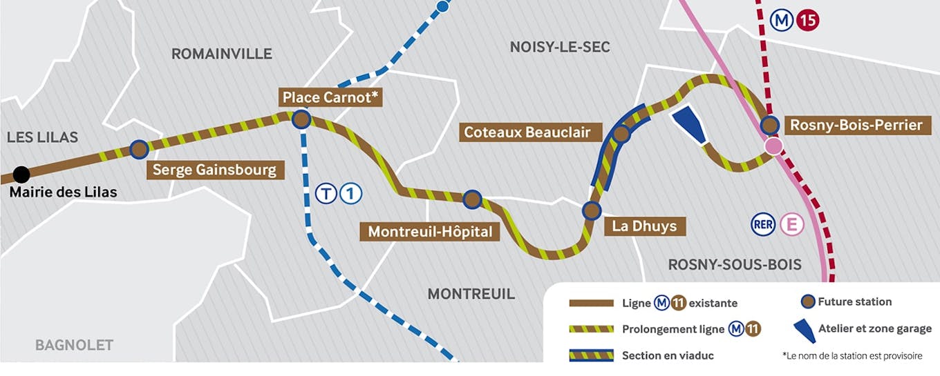 Carte du prolongement est de la ligne de métro 11 avec les nouvelles stations prévues : Serge Gainsbourg, Place Carnot, Montreuil-Hôpital, Coteaux Beauclair, La Dhuys et Rosny-Bois-Perrier