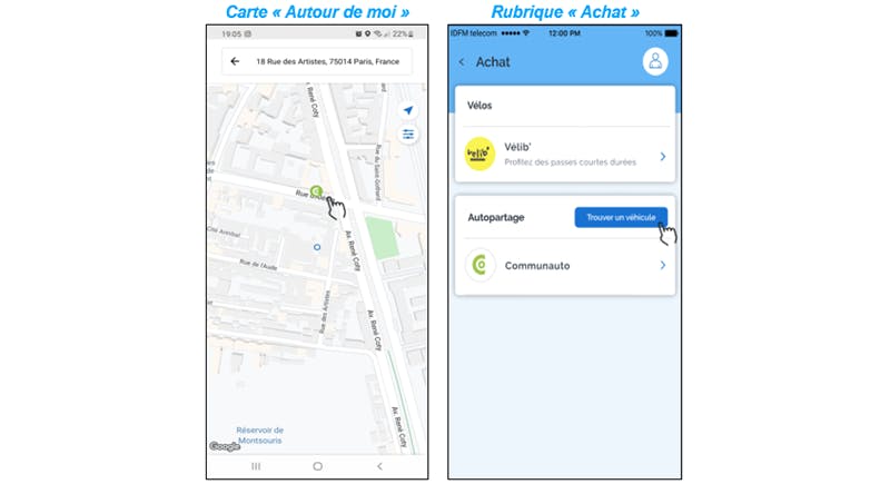 La carte "autour de moi" et l'accès à Communauto depuis la rubrique achat permettent d'accéder au service.