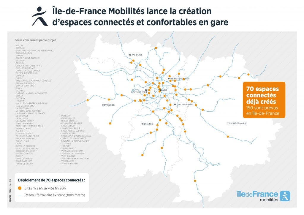 Infographie : Plan de déploiement des espaces connectés dans les gares d’Île-de-France