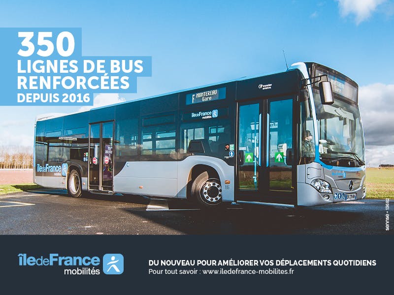 Visuel pour la campagne sur le renforcement des lignes de bus, ayant pour illustration un nouveau bus à l'arrêt