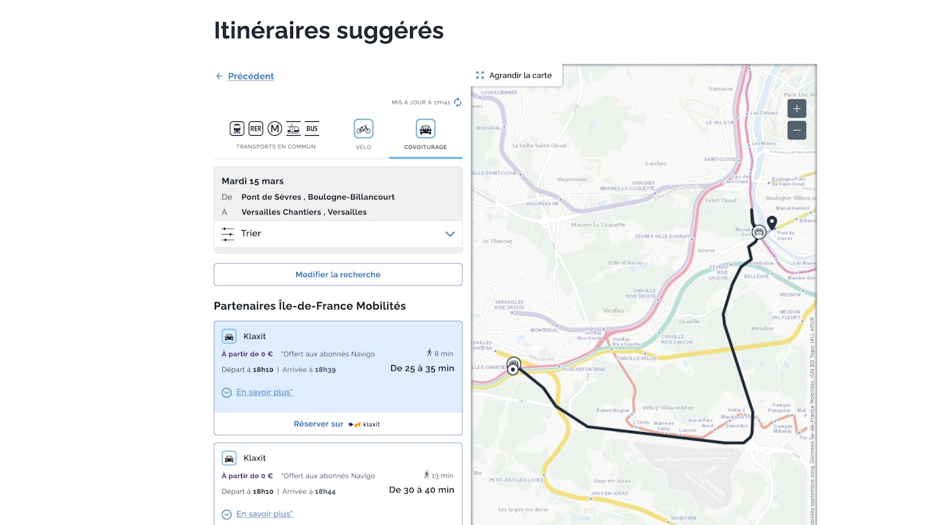 Step 2: choosing the carpooling route on Me Passer
