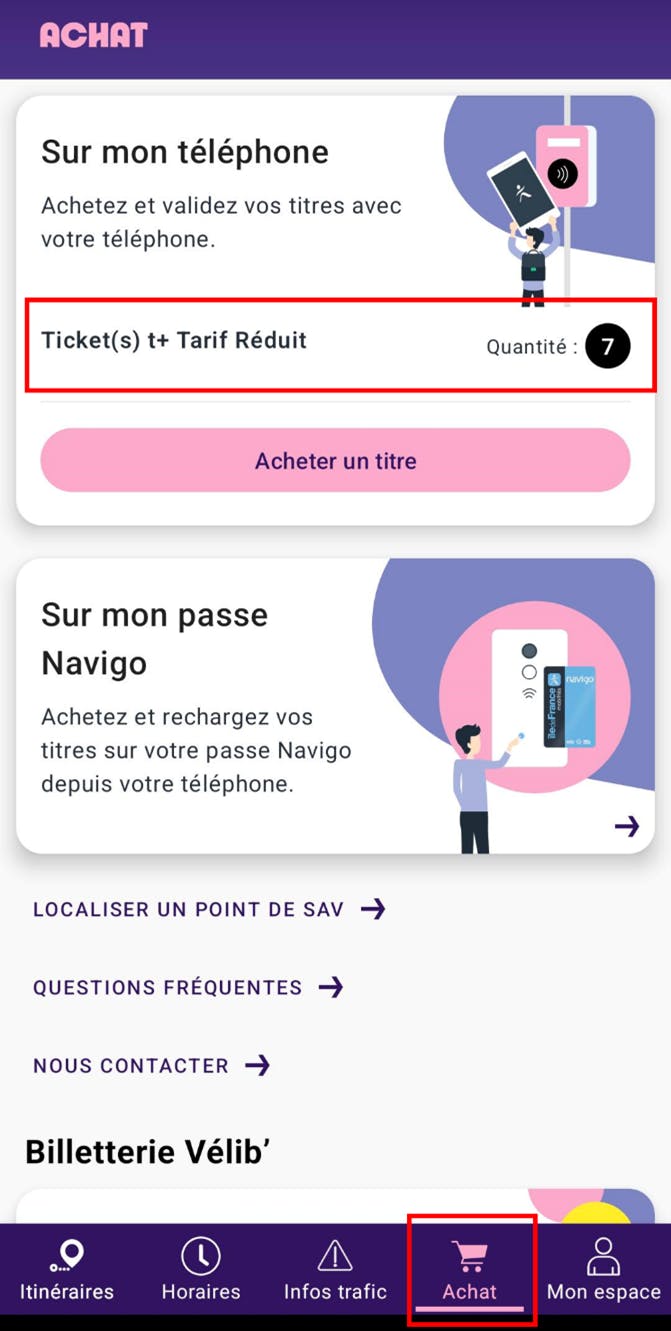 Le détail des titres achetés s'affiche dans l'onglet achat de l'application, en haut de l'écran dans l'encart intitulé sur mon téléphone ou sur mon iPhone en fonction du modèle choisi