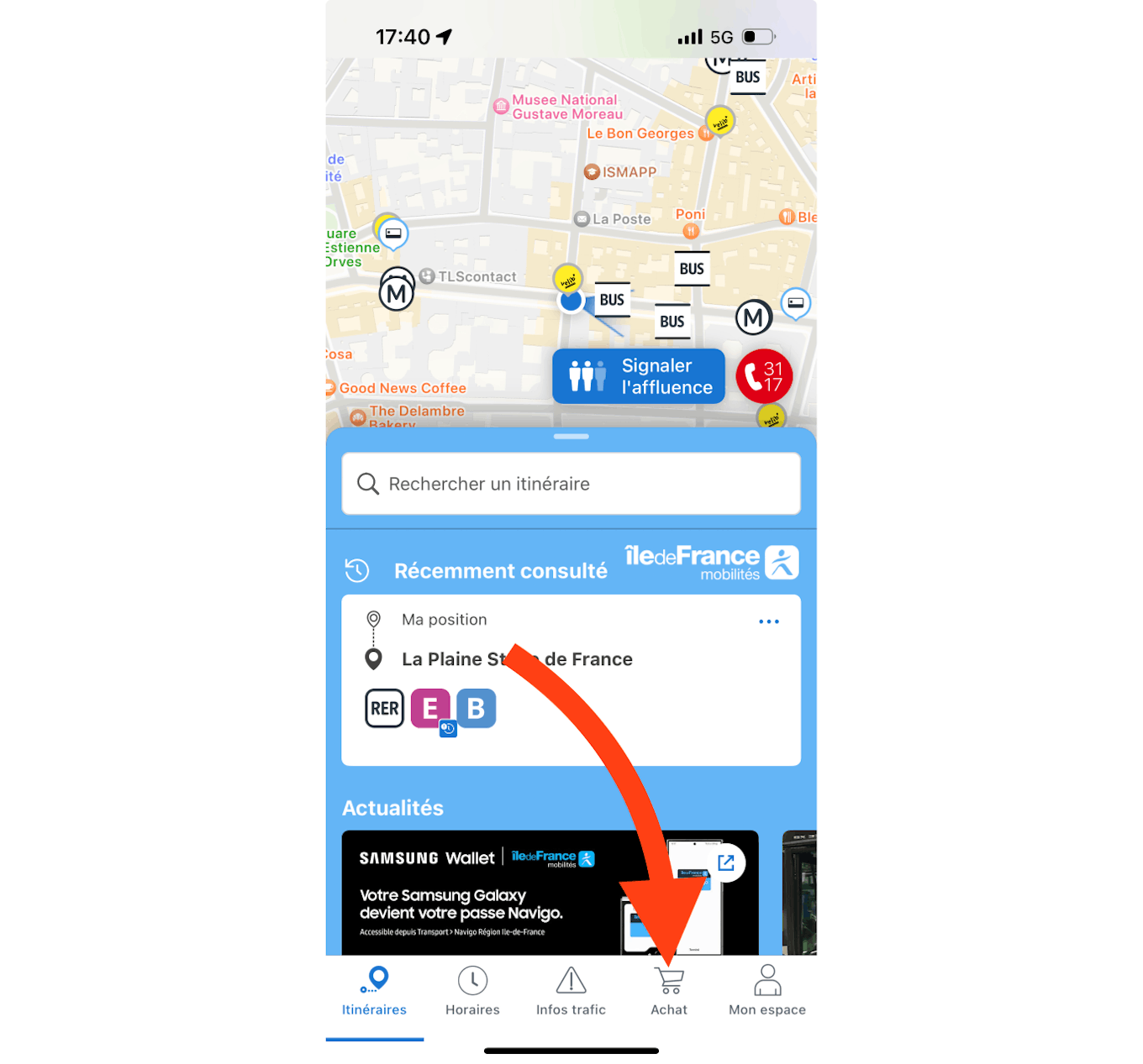 Die Abbildung zeigt das Tippen auf die Registerkarte "Kaufen" in der Navigationsleiste am unteren Rand der App