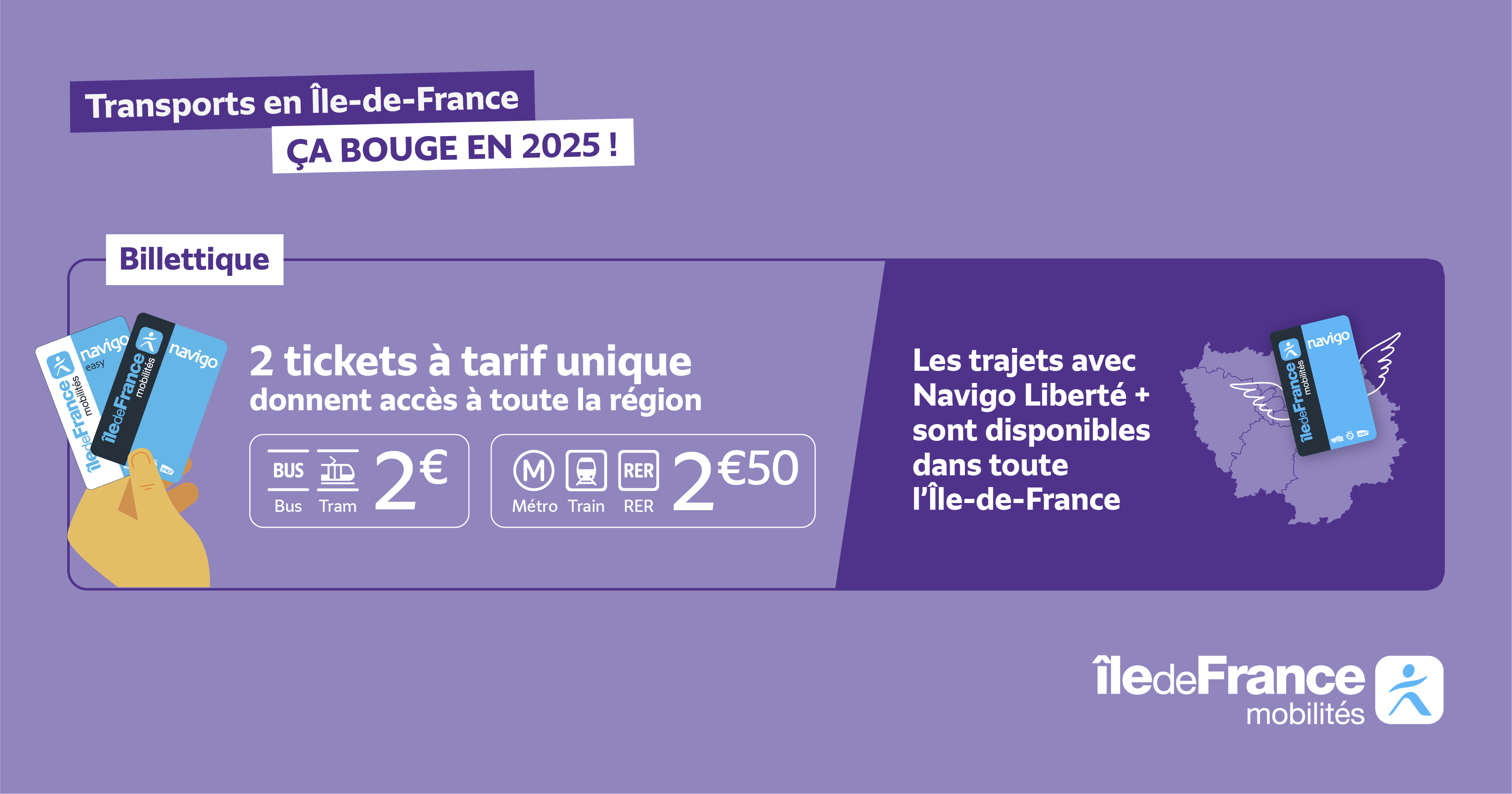Deux tickets à tarifs unique donnent accès à toute l'Île-de-France. Un ticket Bus et Tramway à 2 euros et un ticket Métro, Train et RER à 2 euros 50. Autre nouveauté, les trajets avec Navigo Liberté + sont maintenant disponibles dans toute l'Île-de-France sans exception.