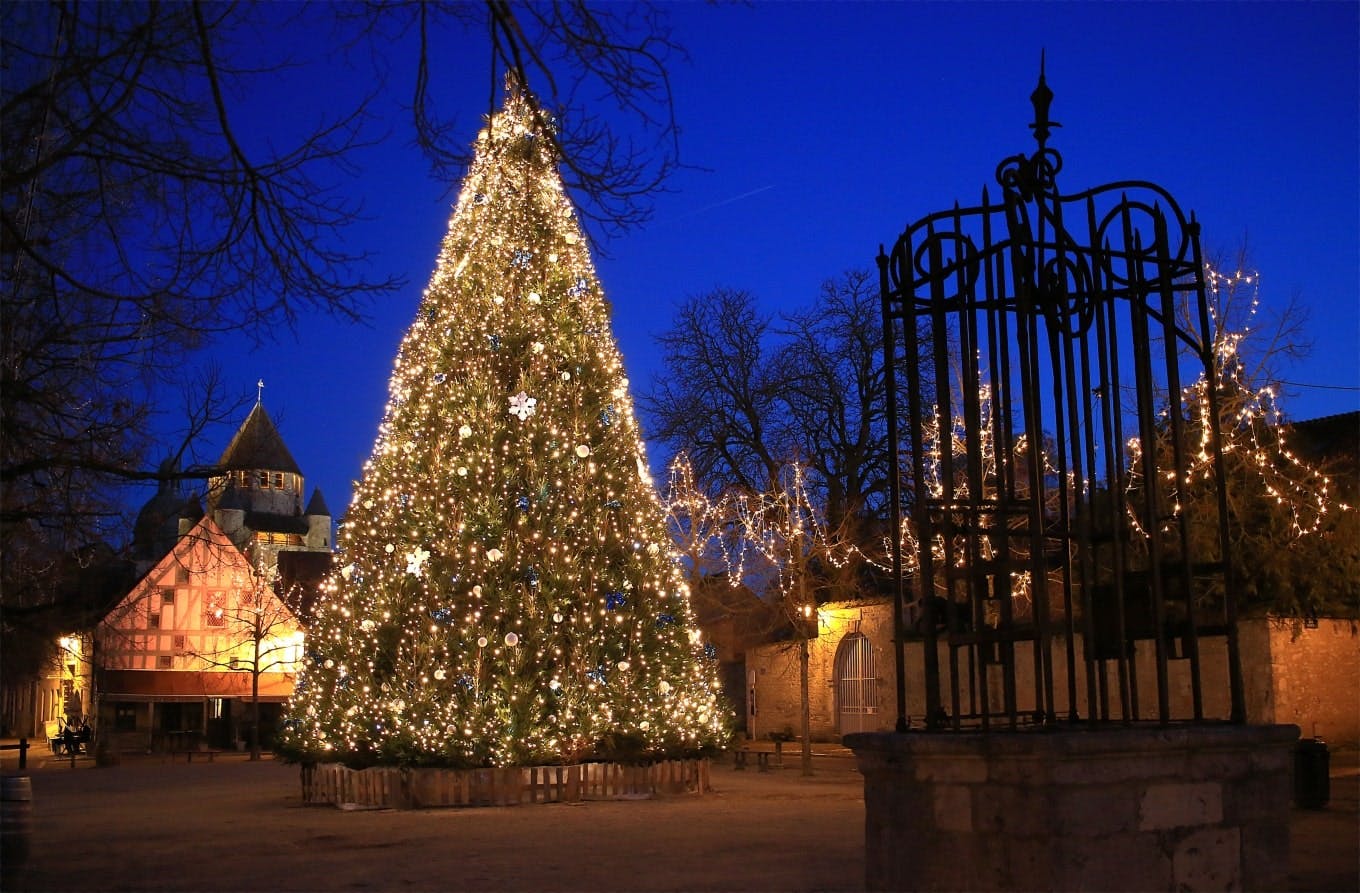 El árbol iluminado en el Mercado de Navidad de Provins