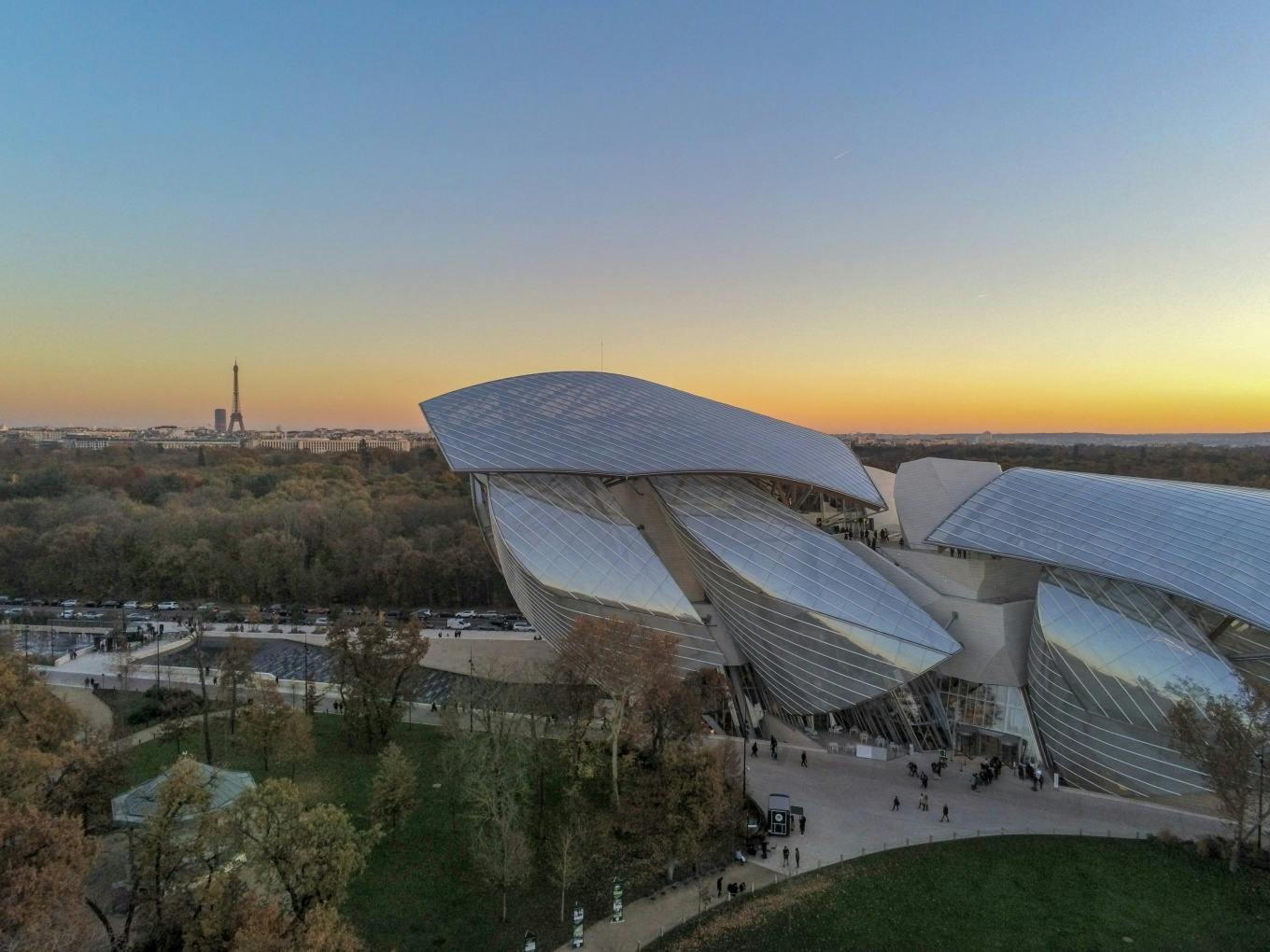 The beautiful building of the Fondation Louis Vuitton nestled in the Bois de Boulogne