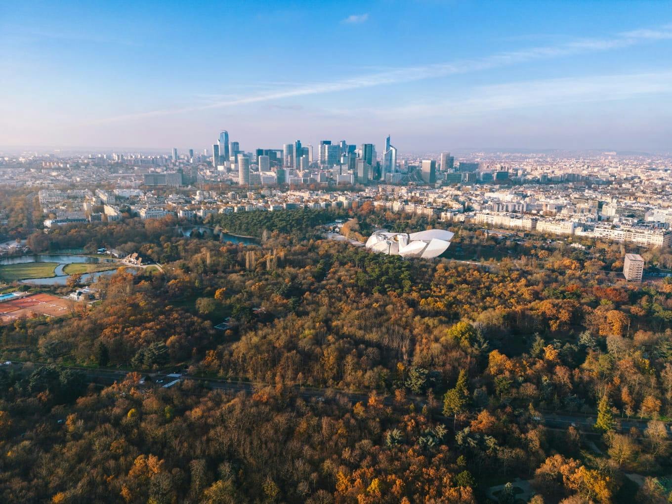 The Louis Vuitton Foundation seen from the sky in the Bois de Boulogne.