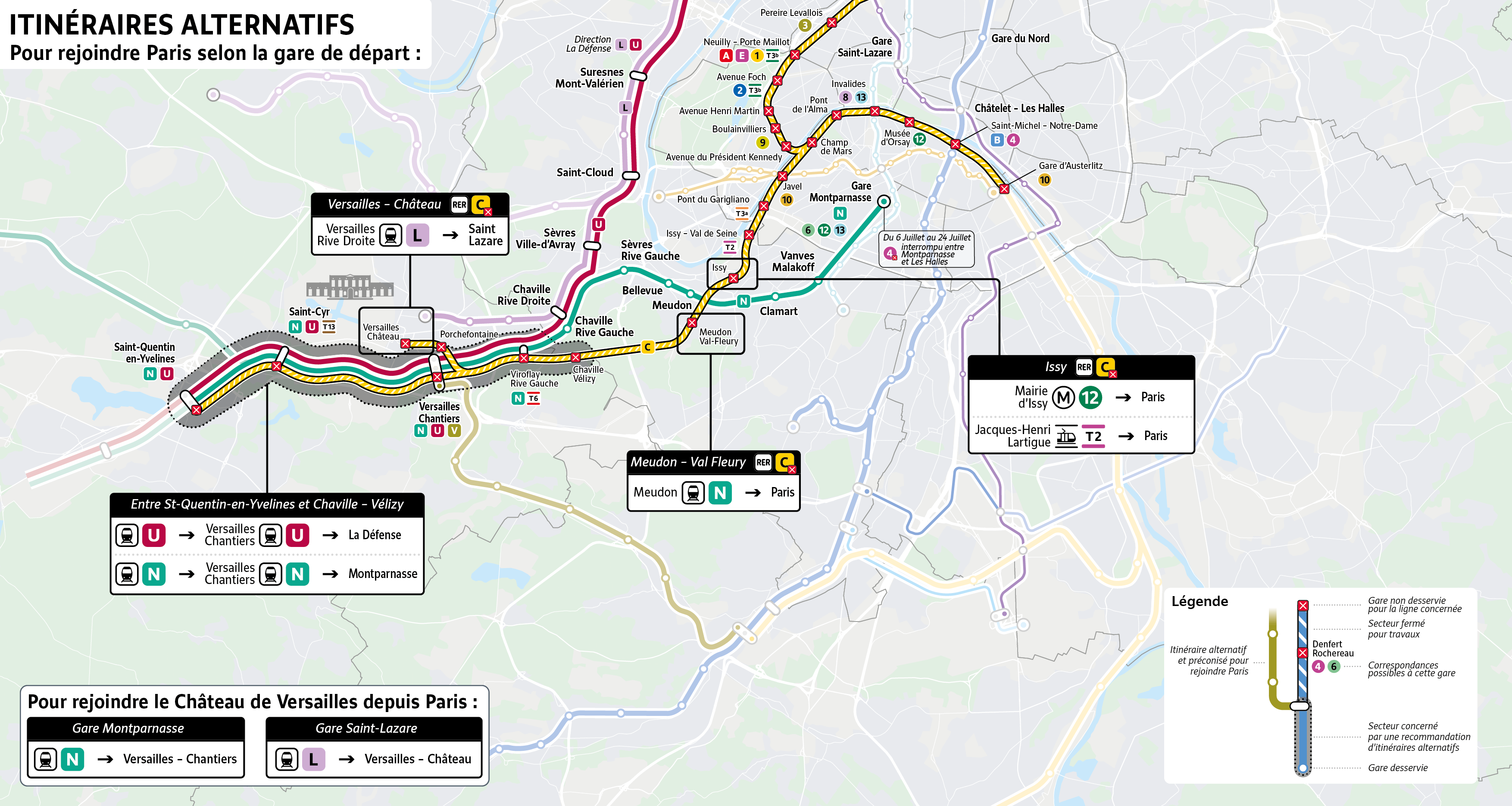 De 15 a 24 de julho de 2026, o fechamento das estações ocorrerá no RER C. Prefira rotas alternativas para chegar a Paris: - Pegue a linha L na estação Versailles Rive Droite em vez da estação Versailles-Château - Entre Saint-Quentin-en-Yvelines e Versailles-Chantiers, pegue a linha U ou N - Para chegar ao Palácio de Versalhes a partir de Paris,  pegue a linha N até Versailles-Chantiers ou a linha L até Versailles-Château - Pegue a linha N gare de Meudon em vez da gare de Meudon-Val Fleury para chegar a Paris