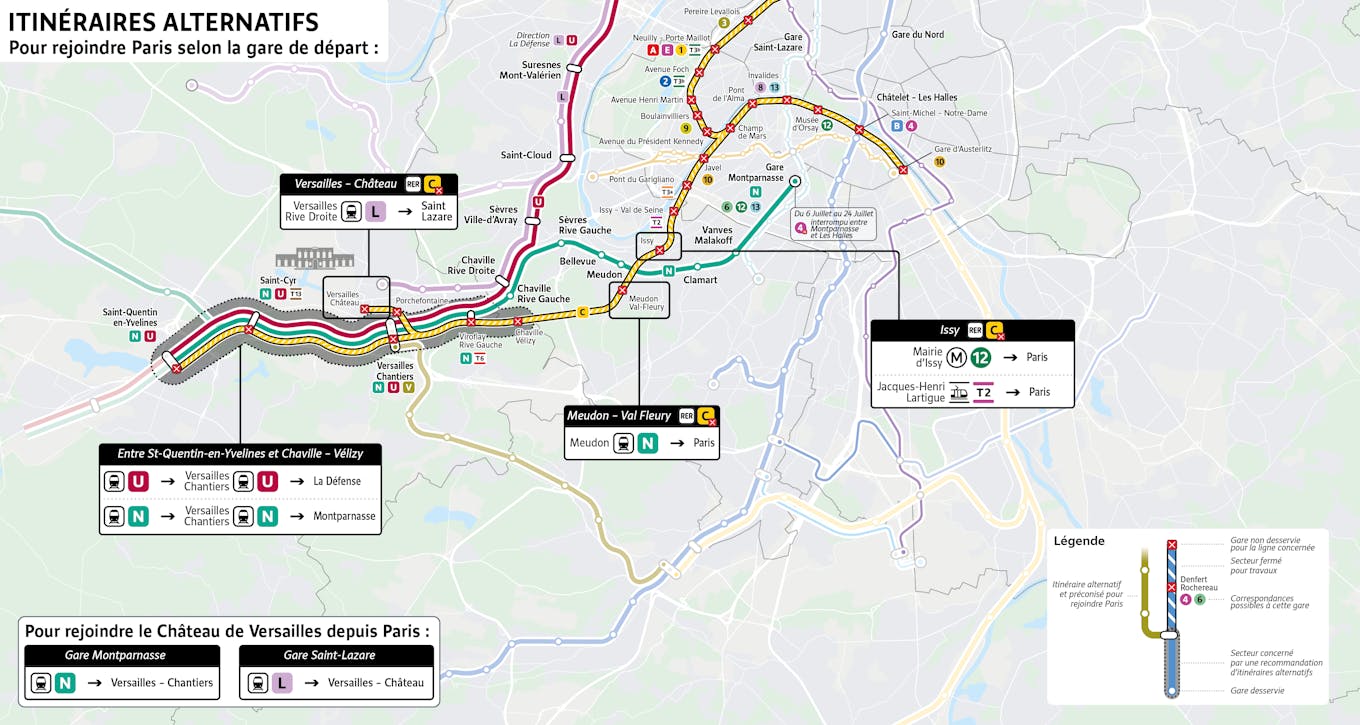 De 15 a 24 de julho de 2026, o fechamento das estações ocorrerá no RER C. Prefira rotas alternativas para chegar a Paris: - Pegue a linha L na estação Versailles Rive Droite em vez da estação Versailles-Château - Entre Saint-Quentin-en-Yvelines e Versailles-Chantiers, pegue a linha U ou N - Para chegar ao Palácio de Versalhes a partir de Paris, pegue a linha N até Versailles-Chantiers ou a linha L até Versailles-Château - Pegue a linha N gare de Meudon em vez da gare de Meudon-Val Fleury para chegar a Paris