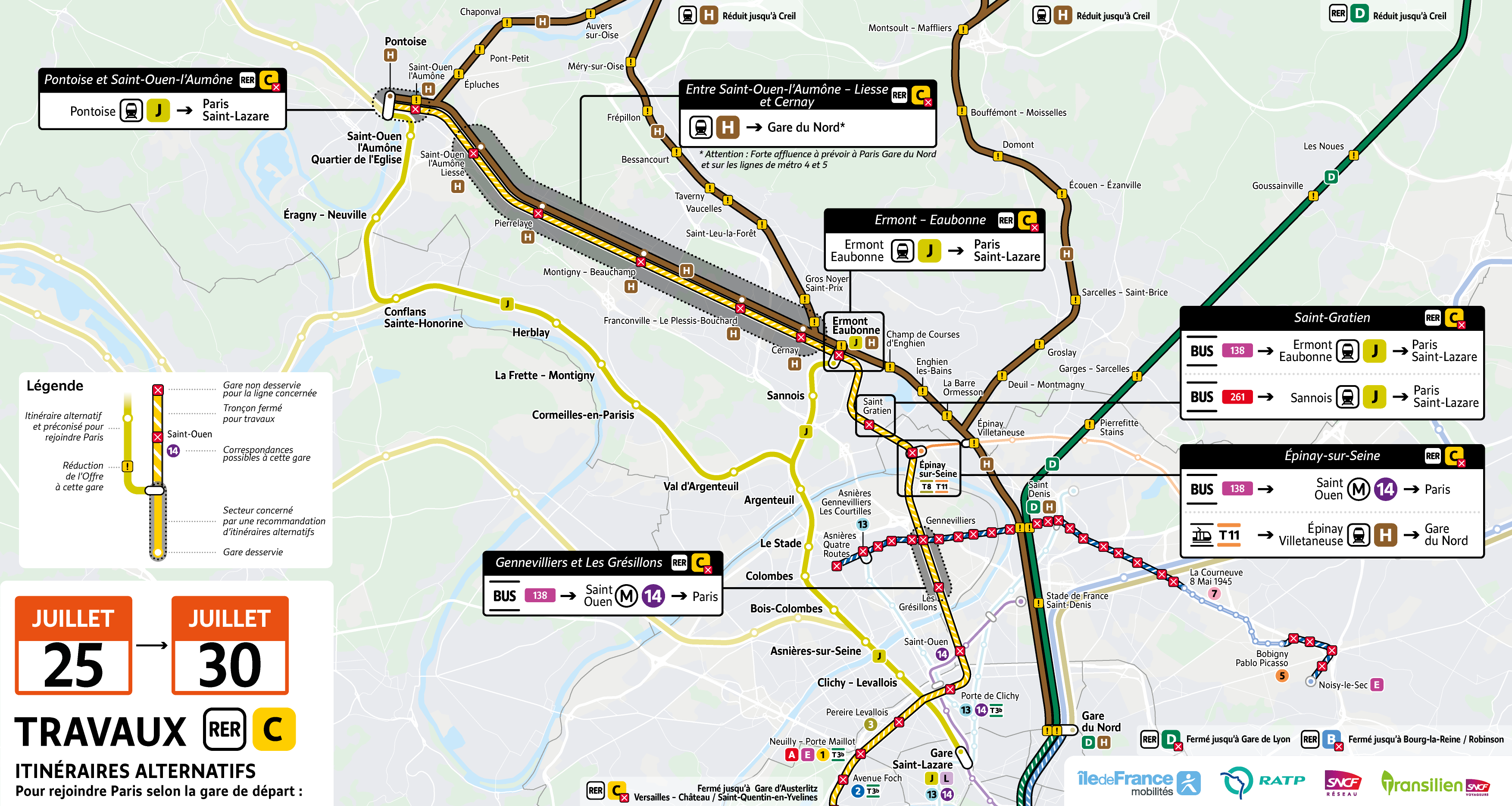 Carte des itinéraires alternatifs conseillés