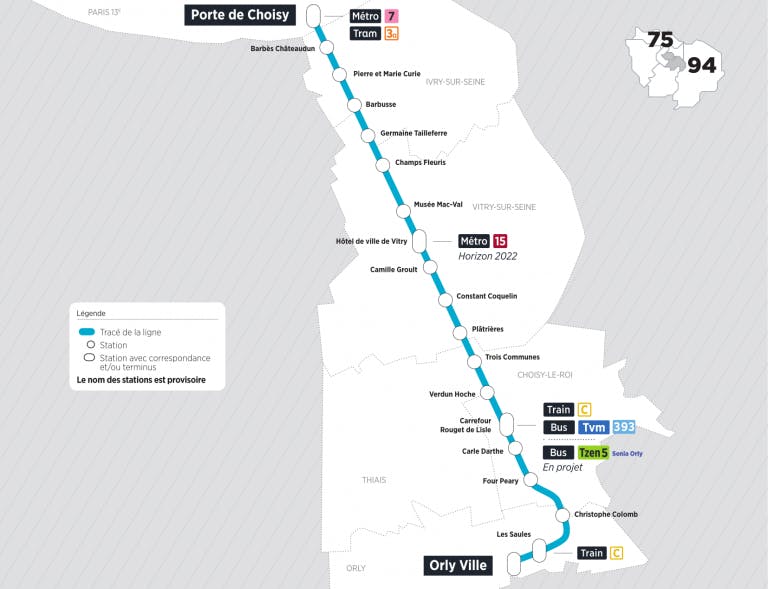 Le tracé du Tram 9 de Orly-ville à Porte de choisy