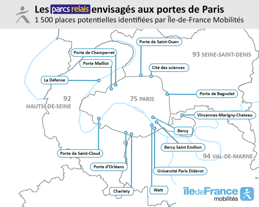 Carte des parcs relais envisagés aux portes de Paris