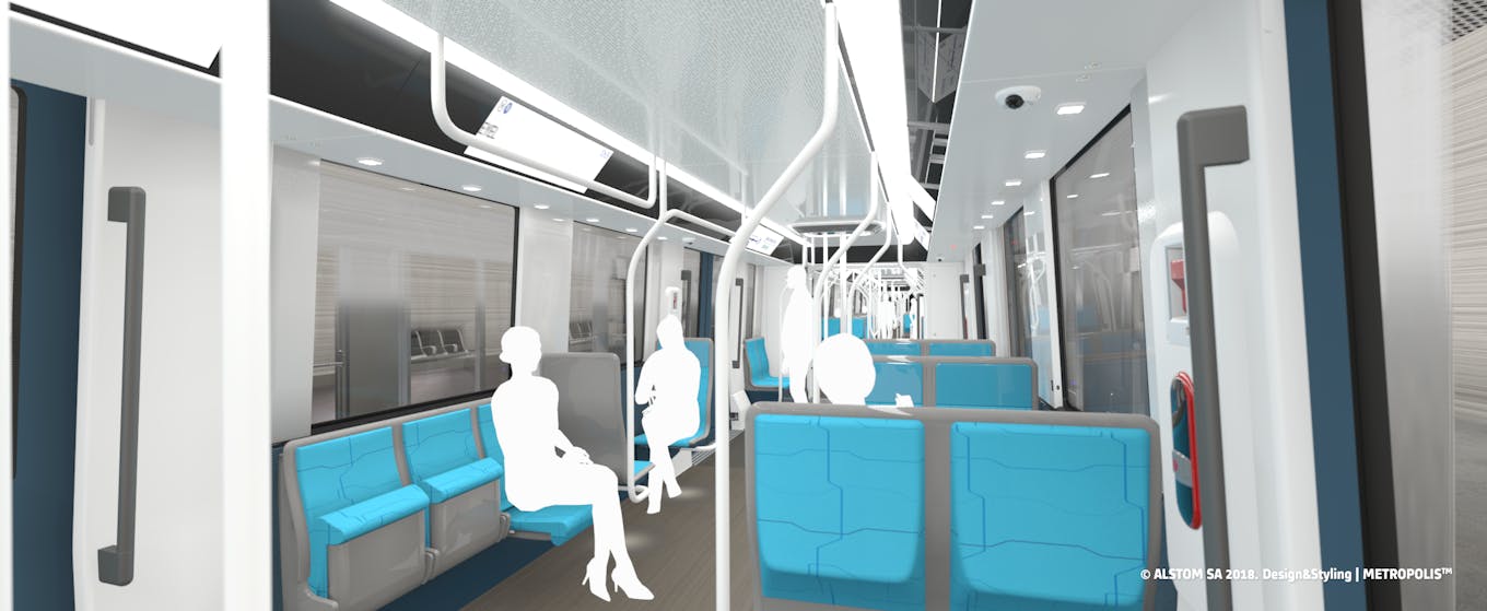 Design intérieur métro avec des personnes assises et arrêtées, proposé au voyageurs