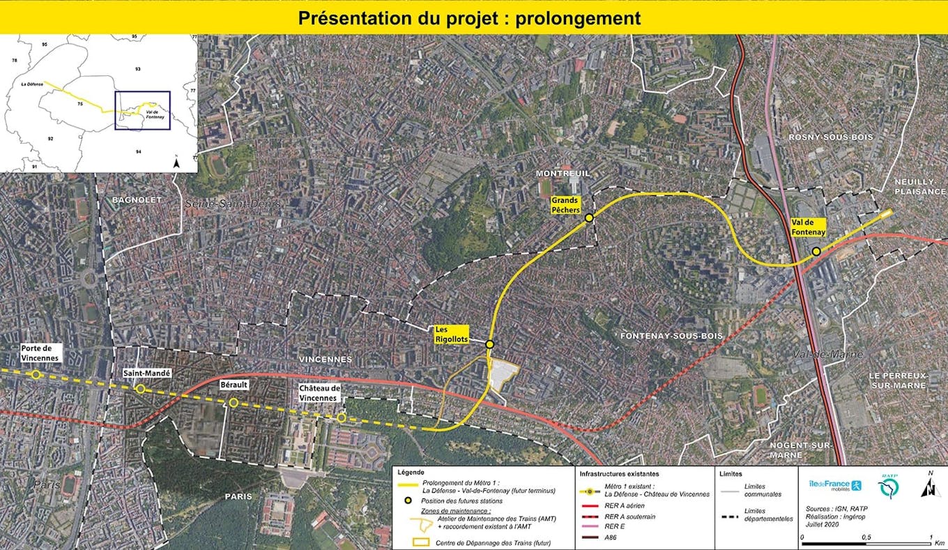 Plan du projet Métro ligne 1 Prolongement Château de Vincennes > Val de Fontenay