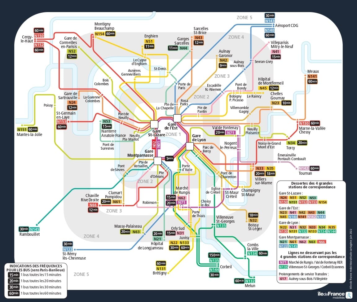 Plan des lignes de Noctilien en service la nuit du 21 juin 2022