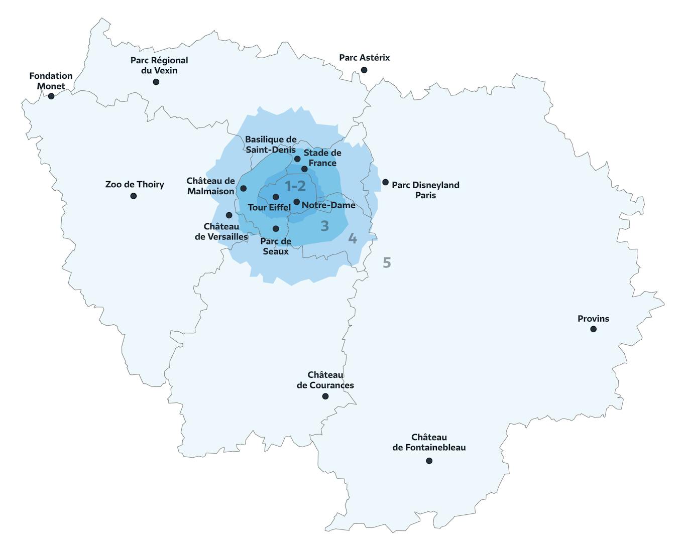 Carte de la région Île-de-France affichant les diférentes zones de 1 à 5.