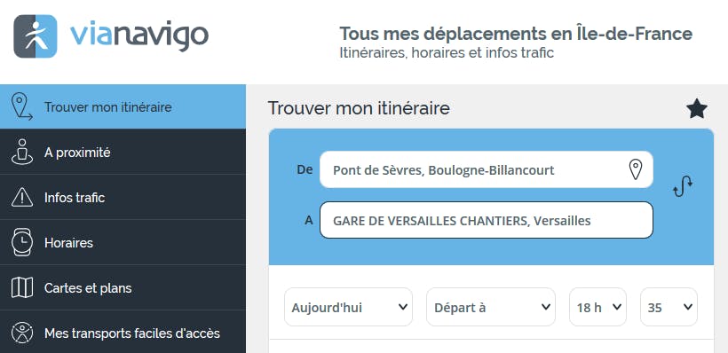 Etape 1 : Recherche d'itinéraire Vianavigo