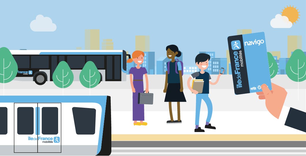 Infographie : Illustration de collégiens utilisant les transports en commun avec la carte Navigo