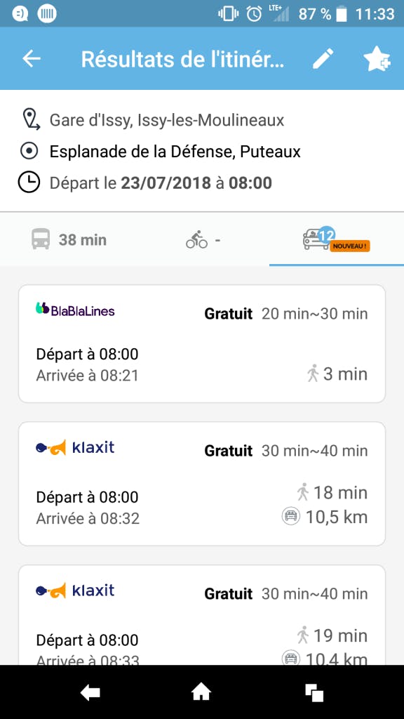 Capture d'écran sur smartphone lors d'une recherche de covoiturage
