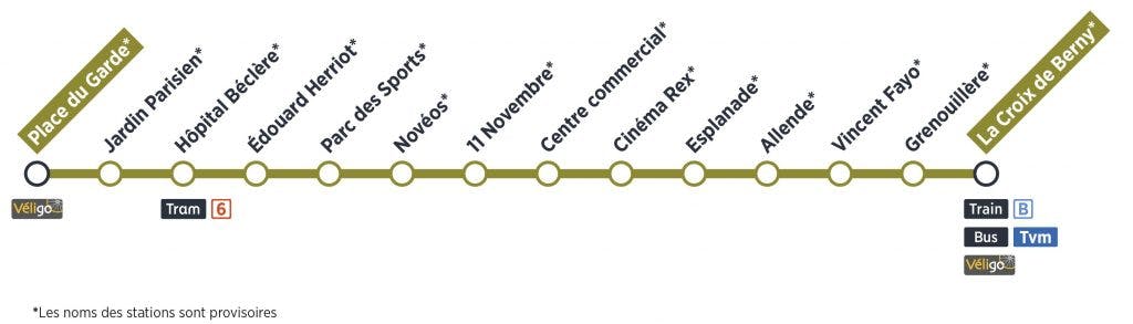 Tracé du passage du Tram 10 et le nom des arrêts