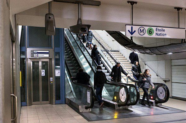 Voyageurs entrants sur escalators et escaliers pour accéder aux transports en commun
